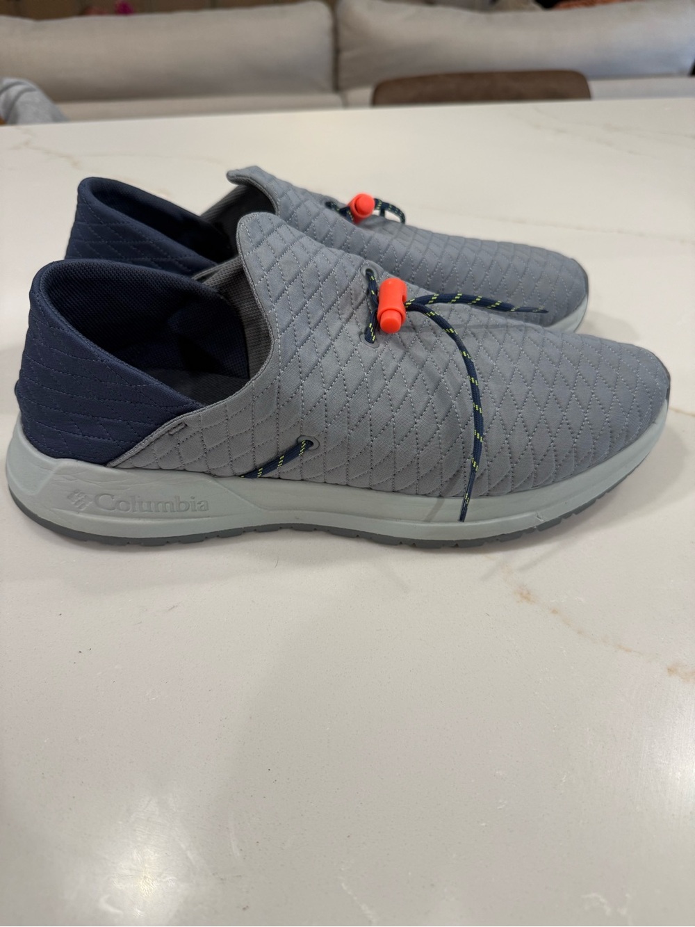 Columbia Light Gray and Navy Slip-On Quilted Loafers with Orange Toggle